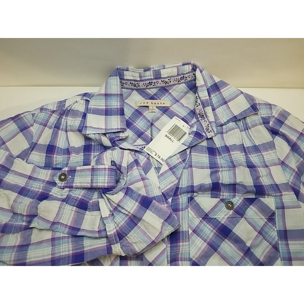 Red Haute Womens Purple Plaid Button Up Roll Tab 3/4 Sleeve Top Small DH8758‎